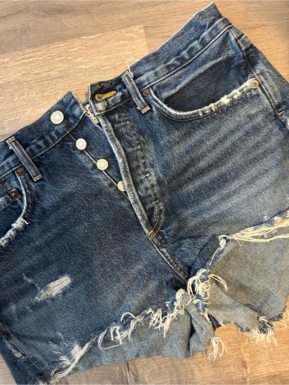 Agolde Dark Blue Distressed High-Rise Jean Shorts